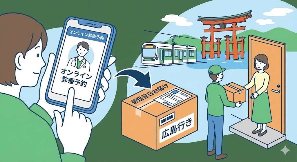 スマホでのオンライン診療予約から、広島行きの荷物としてアフターピルが最短翌日に自宅へ配送されるまでの流れを描いたイラスト。