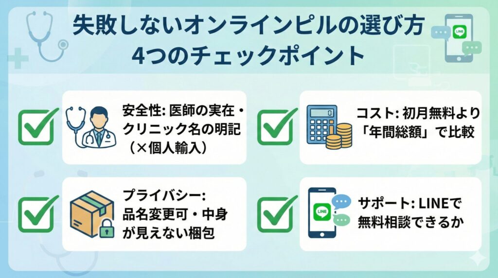 安全なオンラインピル処方サービスの選び方4つの基準。安全性、プライバシー配慮、年間コスト、LINEサポート体制のチェックリスト。