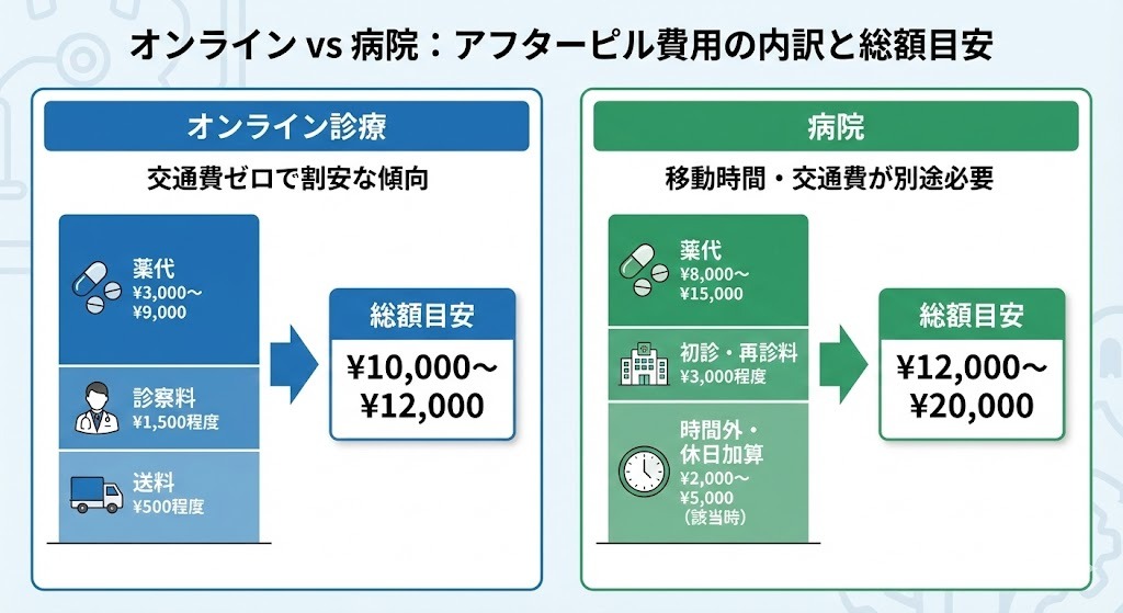 広島でアフターピルを処方してもらう際の費用比較図。オンライン診療(総額目安10,000円〜)と病院(総額目安12,000円〜、時間外加算あり)の内訳を解説。