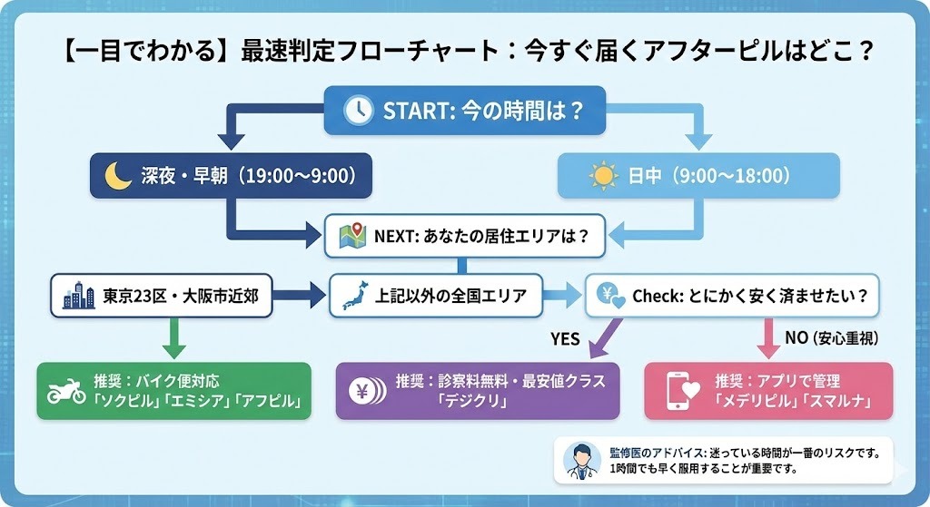 今すぐ届くアフターピルがわかる最速判定フローチャート。現在の時間(深夜・早朝/日中)と居住エリア(東京・大阪近郊/全国)を選択し、バイク便対応の「ソクピル」「エミシア」「アフピル」や、アプリで管理できる「スマルナ」「メデリピル」、最安値クラスの「デジクリ」など、状況に合わせた最適なオンライン診療サービスを推奨。監修医による「1時間でも早く服用することが重要」というアドバイスも記載。