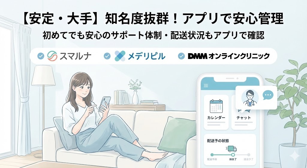 ソファでリラックスしてスマホを見ている女性のイラスト。「【安定・大手】知名度抜群!アプリで安心管理」というタイトルとともに、大手オンライン診療サービス「スマルナ」「メデリピル」「DMMオンラインクリニック」のロゴが並ぶ。スマホ画面には、カレンダー、チャット、配送状況確認などのアプリ機能が表示され、初めてでも安心して利用できるサポート体制をアピールしている。
