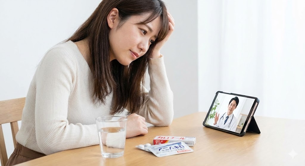副作用の対処法をオンラインで医師に相談している女性の画像