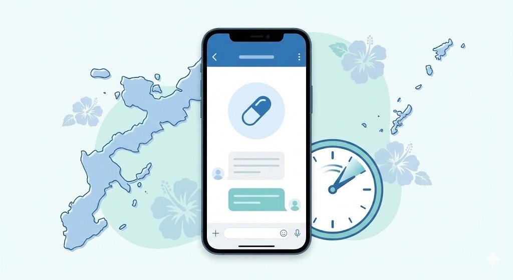 沖縄の女性に向けた、オンライン診療と配送時間のイメージ