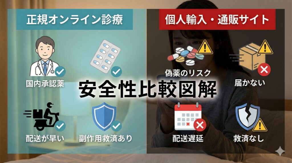 アフターピルのオンライン診療と個人輸入通販サイトの安全性比較図解。偽造薬リスクや配送スピードの違い