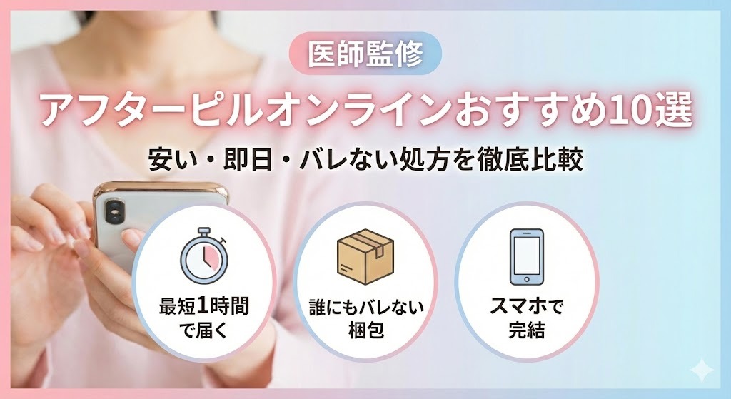 医師監修によるアフターピルオンラインおすすめ10選の比較記事アイキャッチ。安い・即日・バレない処方の特徴と、最短1時間配送、プライバシー梱包、スマホ完結といったメリットを表現したバナー画像