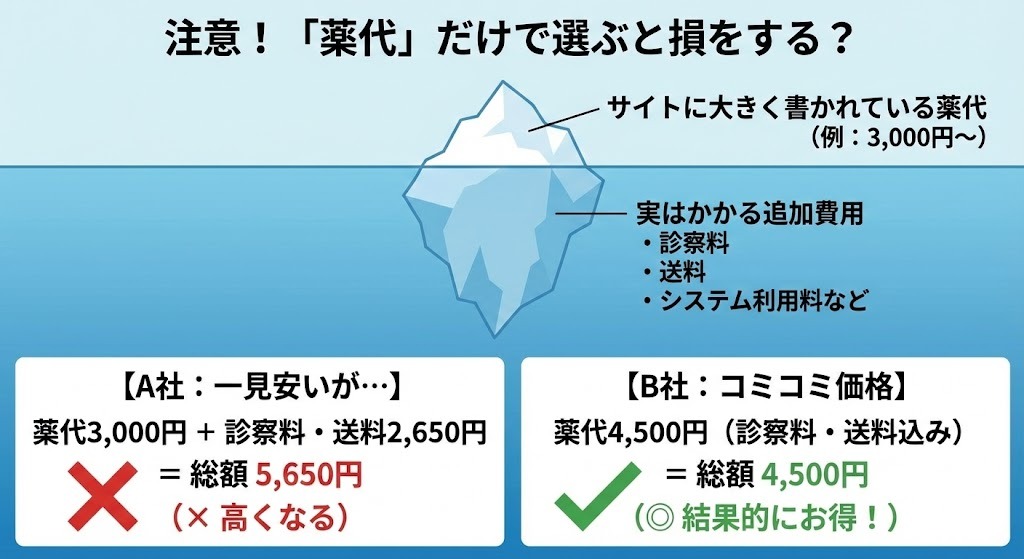 アフターピルの料金は「薬代」だけでなく「総額」で比較すべきであることを示す氷山の図解。見かけの薬代は安くても診察料や送料で総額が高くなるケースと、コミコミ価格で結果的にお得になるケースを比較したイラスト