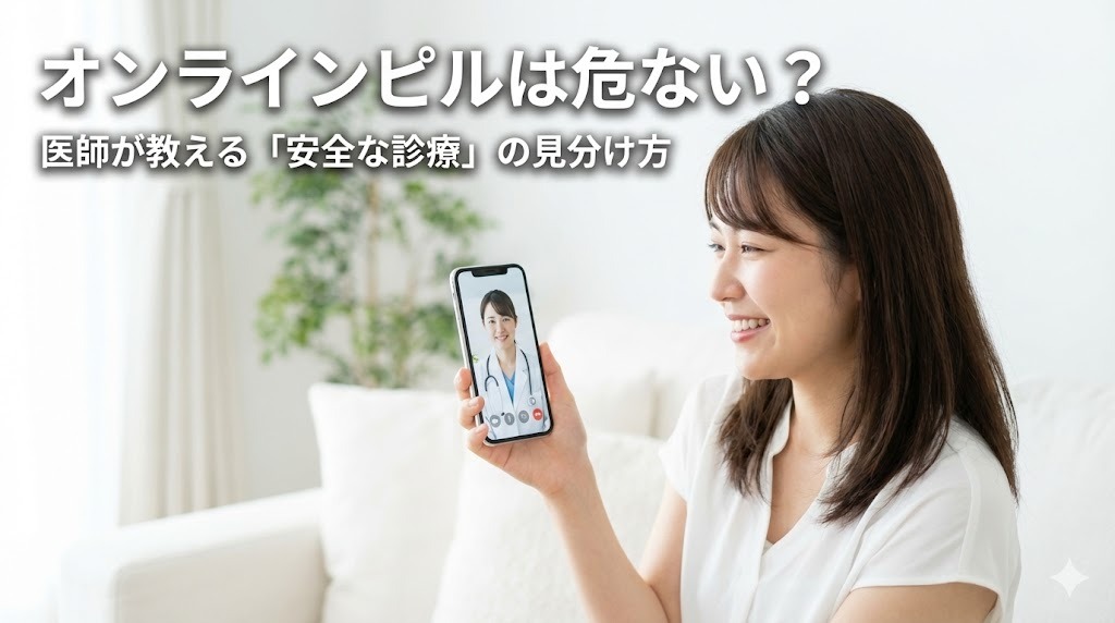 オンライン診療で女性医師とビデオ通話をし、安心した笑顔でスマートフォンを見ている20代女性。清潔感のある部屋での診察風景。