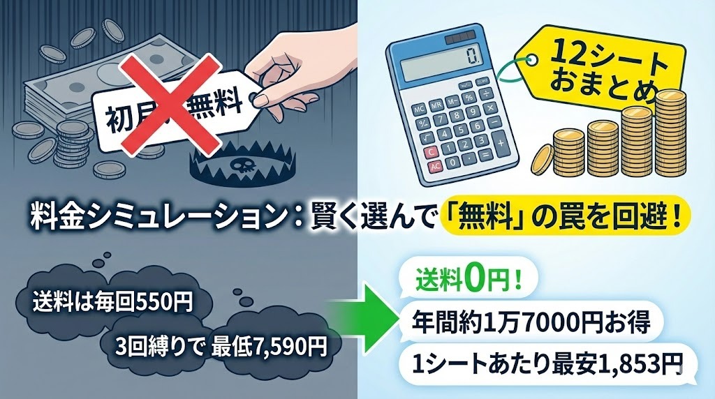 メデリピルの1シート定期便、6シートおまとめ、12シートおまとめプランを12ヶ月続けた場合の送料、単価、年間総額を比較したシミュレーション表。12シートおまとめプランが最も割安であることが示されている。