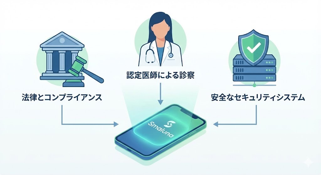 法的なコンプライアンス、認定医による診察、安全なセキュリティシステムが、スマルナというプラットフォームを支えていることを示す図です。「怪しい」という不安を、信頼できる仕組みの可視化によって払拭します。