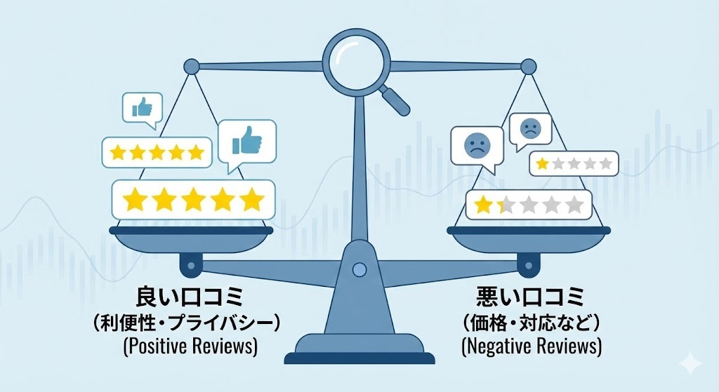 良い口コミ（利便性、プライバシー）と悪い口コミ（価格、対応など）を天秤にかけ、公平に分析している様子を表現したイラストです。メリットとデメリットのバランスを視覚的に伝えます。