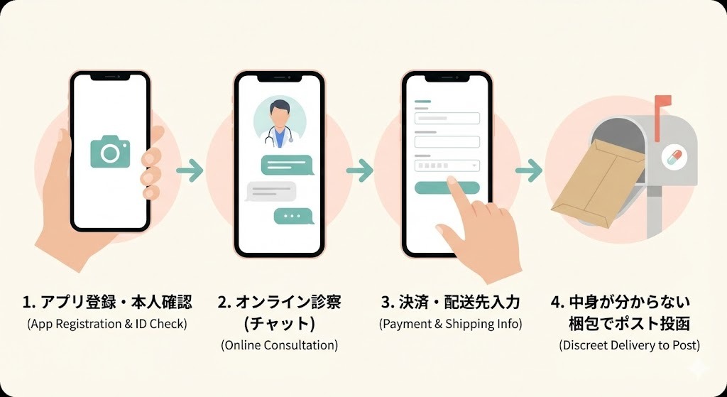 アプリ登録・本人確認から、オンライン診察、決済・配送先の入力、そして中身が分からない梱包でのポスト投函までの流れをステップバイステップで示した図です。実際の利用イメージを具体的に伝えます。