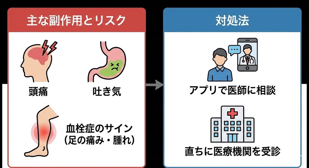 ピルの服用によって起こりうる主な副作用（頭痛、吐き気、血栓症のサイン）と、それらの症状が現れた場合の適切な対処法（アプリで医師に相談、直ちに医療機関を受診）を示した図です。リスクと正しい対応を分かりやすく伝えます。