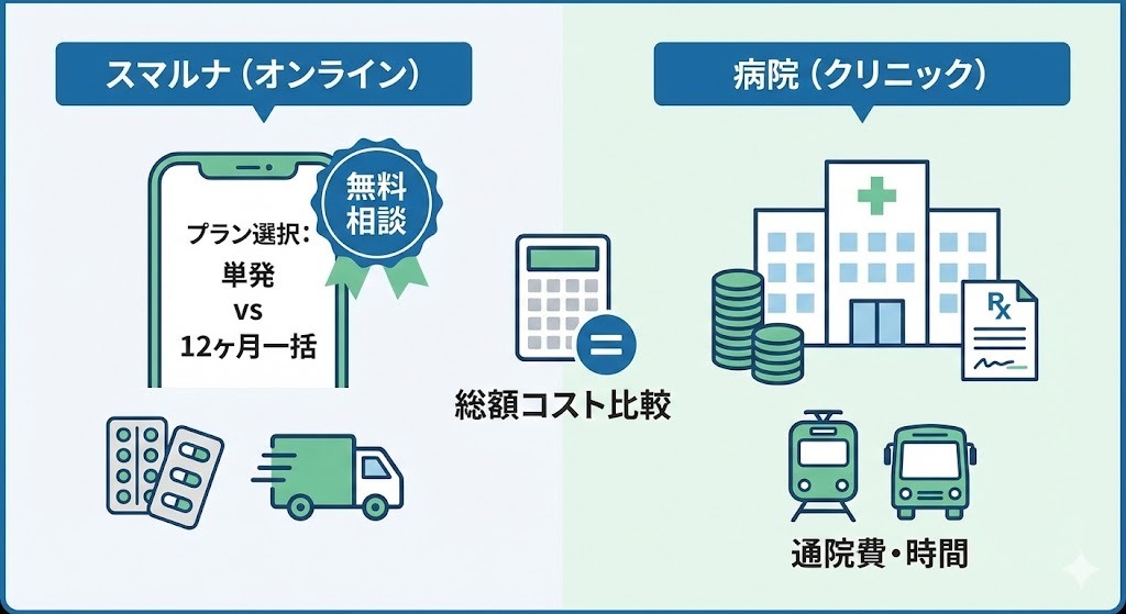 スマルナ（オンライン）の料金プランと、病院（クリニック）受診時の総コスト（通院費、時間）を比較した図です。目に見える金額だけでなく、時間や手間のコストも含めた比較を分かりやすく提示します。