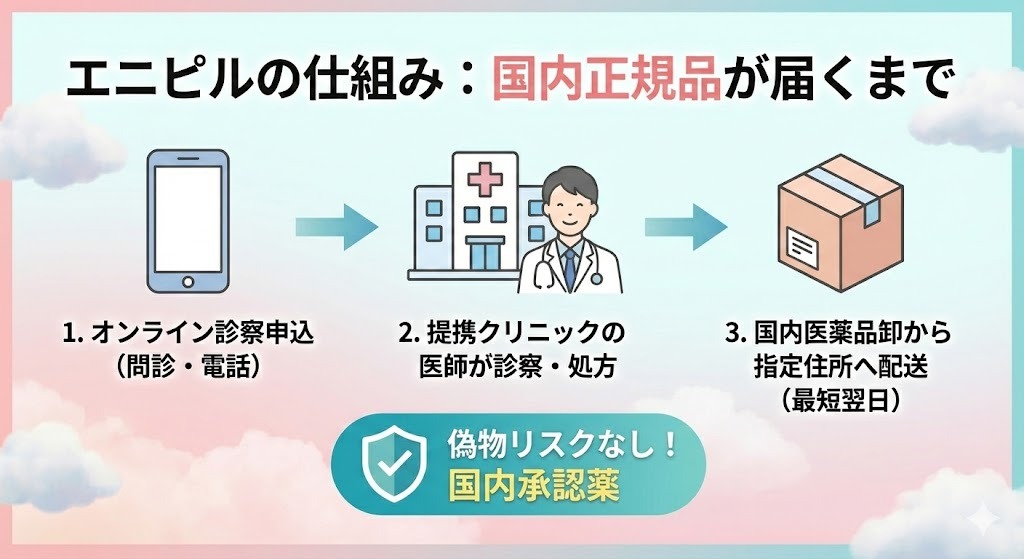 ニピルは薬の通販サイトではなく、患者と医師をつなぐプラットフォームであり、提携クリニックの医師が診察・処方を行っていることを解説