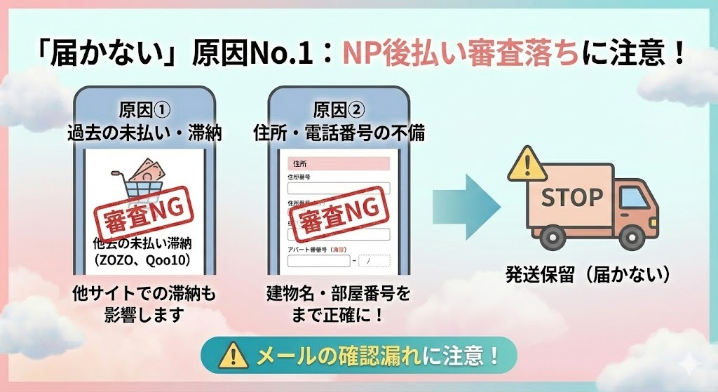 「届かない」原因の多くが、住所不備や過去の未払いによる「NP後払い審査落ち」であることを解説