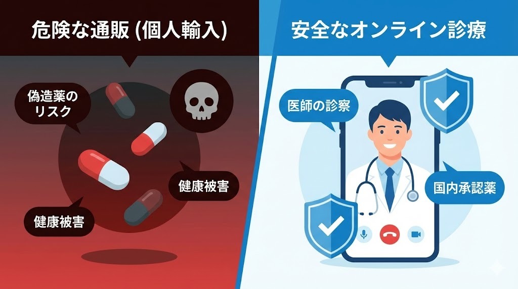 図解】危険な個人輸入ピル通販のリスク(偽造薬、健康被害)と、安全なオンライン診療の仕組み(医師の診察、国内承認薬、公的補償)の比較イラスト。