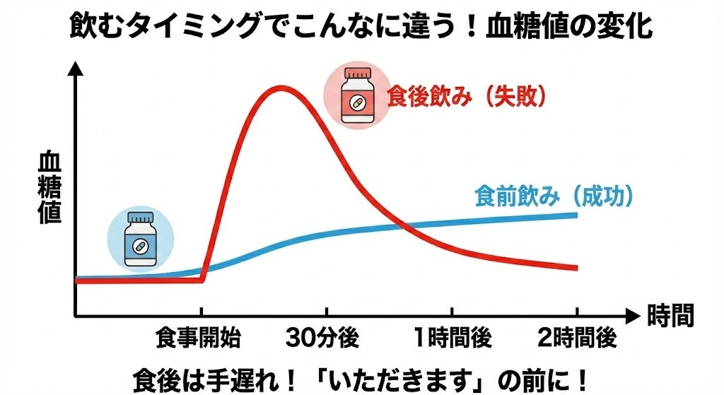 糖質カットサプリを飲むタイミングによる血糖値変化の違いを示すグラフ。食前に飲むと血糖値の上昇が穏やか（成功）だが、食後に飲むと急上昇して手遅れ（失敗）になることを視覚的に説明。