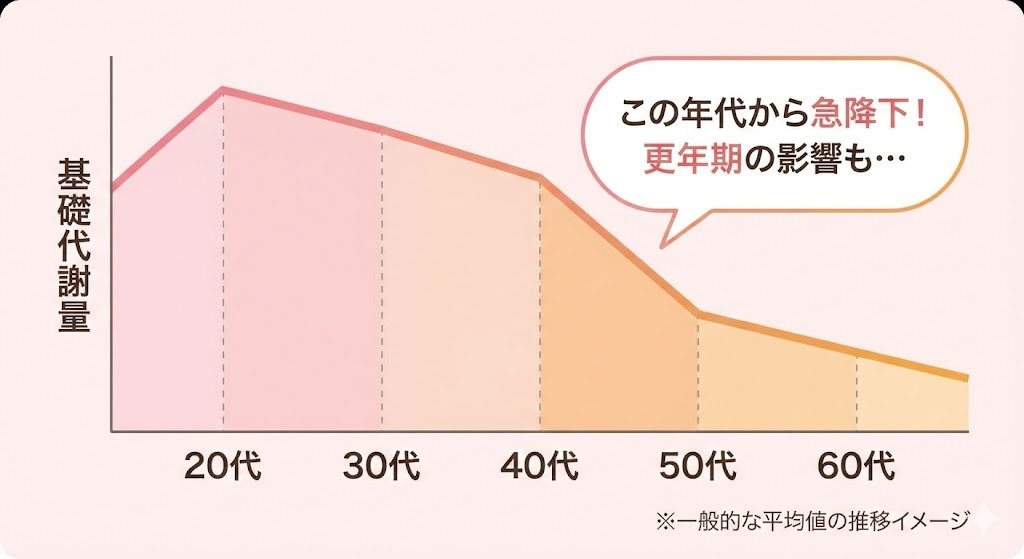 年齢とともに基礎代謝量が低下していく様子を示したグラフ。20代をピークに徐々に下がり、特に40代・50代で急激に降下していることが視覚的にわかる。「更年期の影響も」という注釈が添えられている。