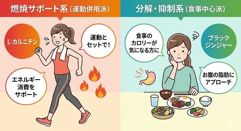 「燃焼サポート系(運動併用派)」と「分解・抑制系(食事中心派)」のサプリメント特徴を比較したイラスト。左側の赤色エリアは運動する女性と「L-カルニチン」、右側の青緑色エリアは食事を前にした女性と「ブラックジンジャー」が描かれている。