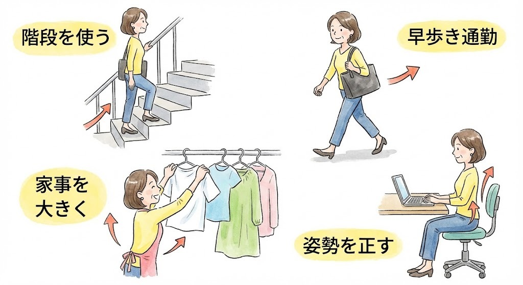 日常生活でのエネルギー消費(NEAT)を高めるための具体的な行動を示したイラスト。「階段を使う」「早歩き通勤」「家事を大きく(洗濯干し)」「姿勢を正す(デスクワーク)」という4つのシーンで、女性が活動的に動いている様子が描かれている。