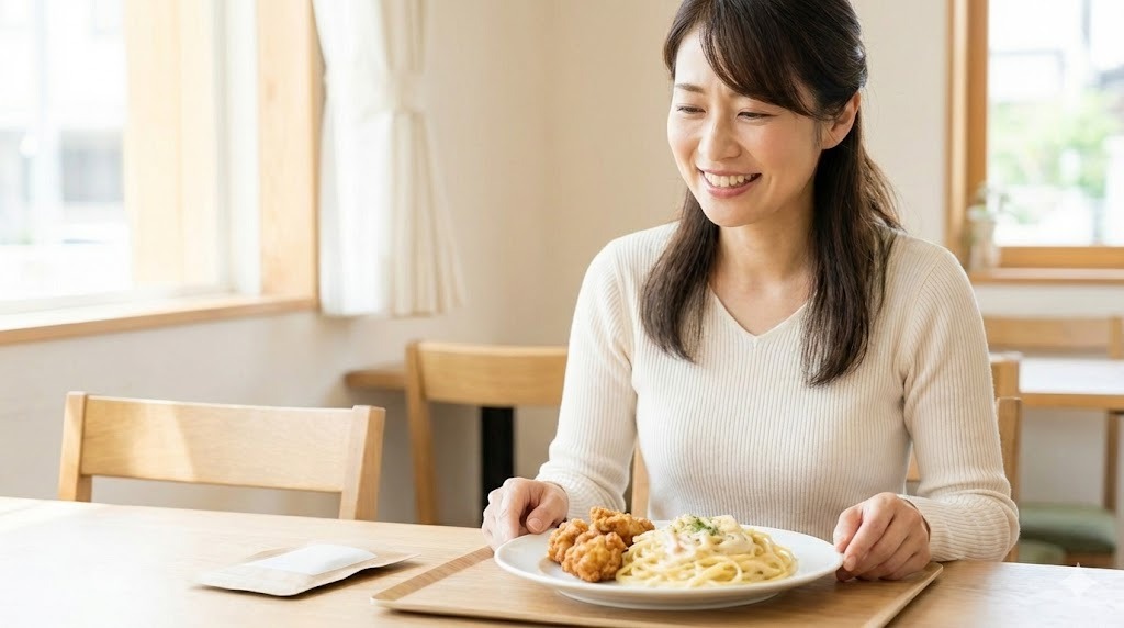明るいカフェでクリームパスタと唐揚げのランチを前に笑顔の30代女性。テーブルの隅にはサプリメントの袋が置かれている。