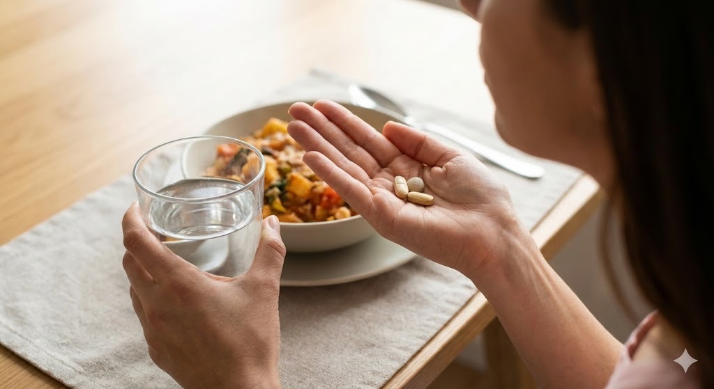 食事の直前に、水を入れたグラスと数粒のサプリメントを手に持ち、口に運ぼうとしている女性の手元のクローズアップ写真。