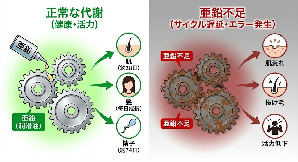 亜鉛が代謝の歯車の潤滑油として働く正常な状態と、亜鉛不足により歯車が錆びつき肌荒れ・抜け毛・活力低下を引き起こす状態を比較した図解イラスト。