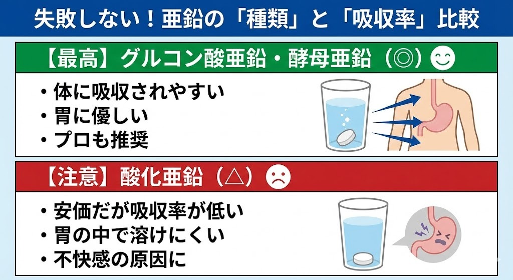 失敗しない亜鉛の種類と吸収率の比較図。最高評価のグルコン酸亜鉛・酵母亜鉛は吸収されやすく胃に優しいことを、注意が必要な酸化亜鉛は吸収率が低く胃の不快感の原因になりやすいことをイラストで解説。