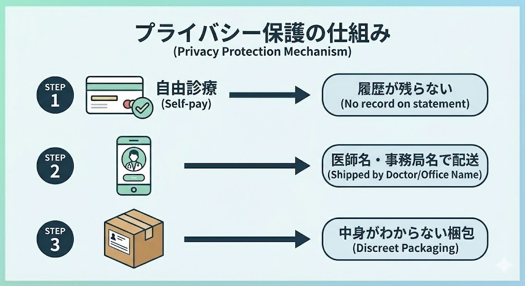 オンライン診療におけるプライバシー配慮の仕組みを示した図。自由診療で保険履歴が残らないこと、差出人名を配慮した配送、中身が分からない梱包などの流れを説明している。