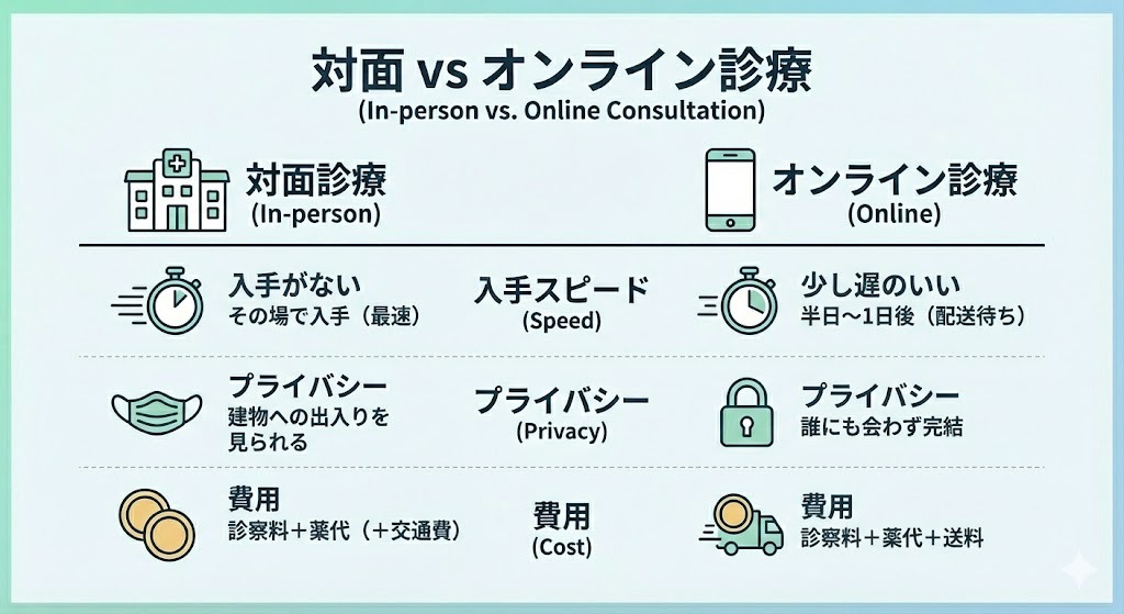対面診療とオンライン診療を「入手スピード・プライバシー・費用」の観点で比較した図。対面は即日入手可能だが来院が必要、オンラインは配送待ちがあるが人に会わずに完結する特徴を示している。