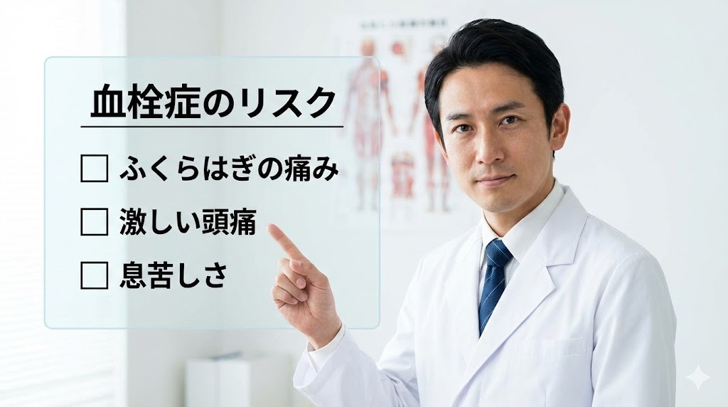 男性医師がピルの重大な副作用である『血栓症』の初期症状(ふくらはぎの痛み、激しい頭痛、息苦しさ)のチェックリストを指差し確認している様子。