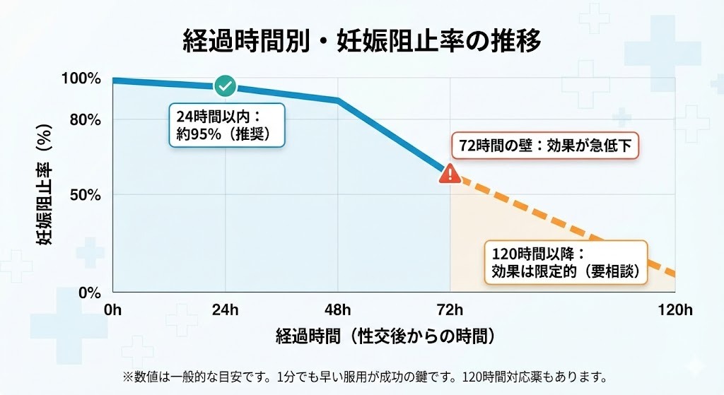 性交後からアフターピル服用までの経過時間と妊娠阻止率の一般的な推移を示したグラフ。24時間以内は高い成功率が示され、72時間以降は効果が低下する傾向を表している。