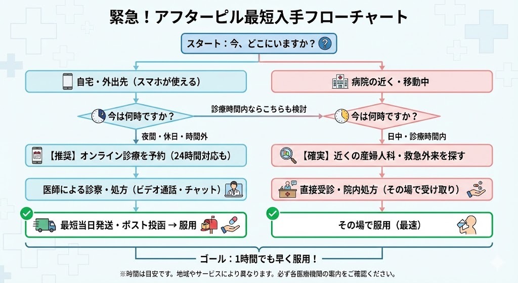 アフターピルをできるだけ早く入手するための判断フローチャート。現在地や時間帯に応じて、オンライン診療または近隣の産婦人科・救急外来を選択し、最短で服用する流れを示している。