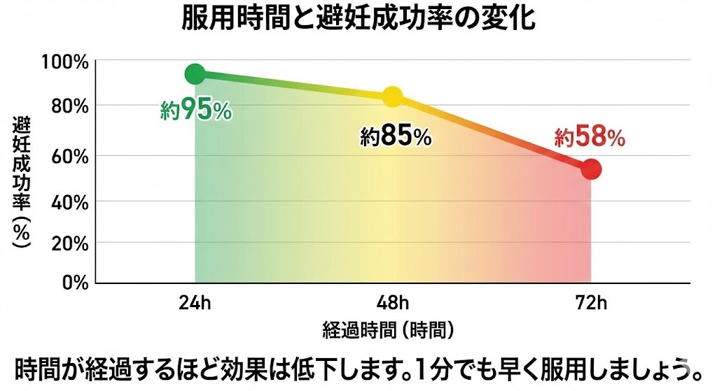 アフターピルの服用までの経過時間と避妊成功率の一般的な変化を示したグラフ。24時間以内は約95％、48時間以内は約85％、72時間以内は約58％と、時間経過に伴い成功率が低下する傾向を表している。