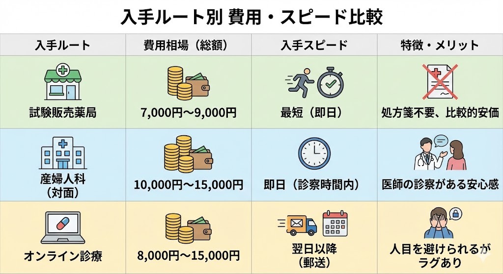 アフターピルの入手ルート別に、費用相場と入手スピード、特徴を比較した表。試験販売薬局、産婦人科（対面）、オンライン診療それぞれのメリットと注意点を整理している。