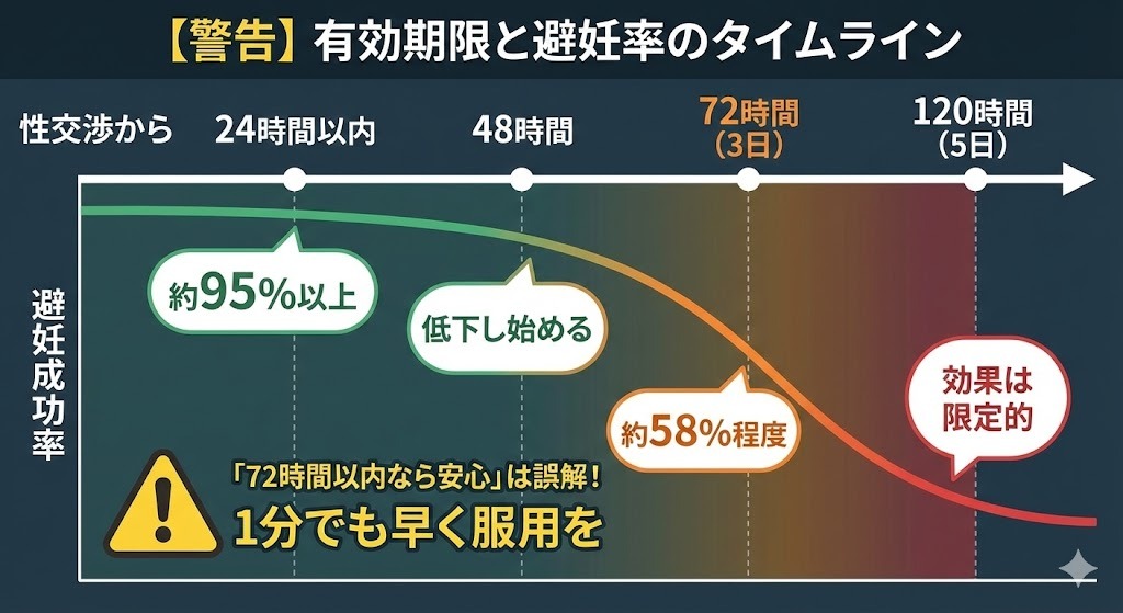 性交後からの経過時間とアフターピルの避妊成功率の一般的な推移を示したタイムライン。24時間以内は高い成功率が示され、72時間以降は効果が低下し、120時間以降は限定的になる傾向を表している。