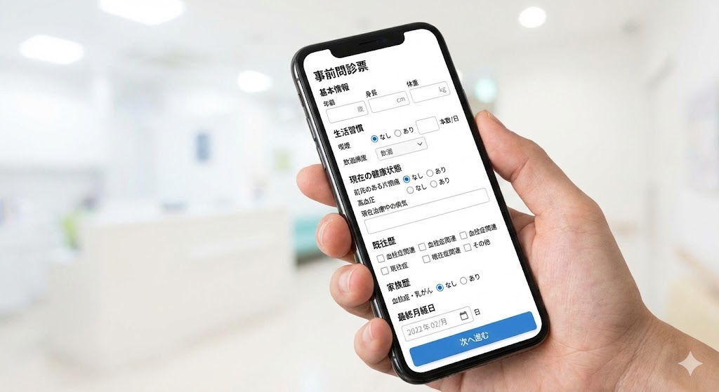 正規のオンライン診療サービスにおける事前問診票のスマホ画面イメージ。基本情報(年齢・体重)、生活習慣(喫煙・飲酒)、現在の健康状態(片頭痛・高血圧)、血栓症に関する既往歴・家族歴、最終月経日など、安全な処方に必要な詳細項目が入力画面に表示されている。