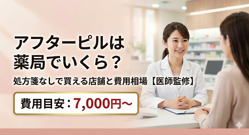 アフターピルは薬局でいくらかかるのかを解説するアイキャッチ画像。処方箋なしで購入できる店舗の有無や費用相場の目安を示し、医師監修であることを強調している。