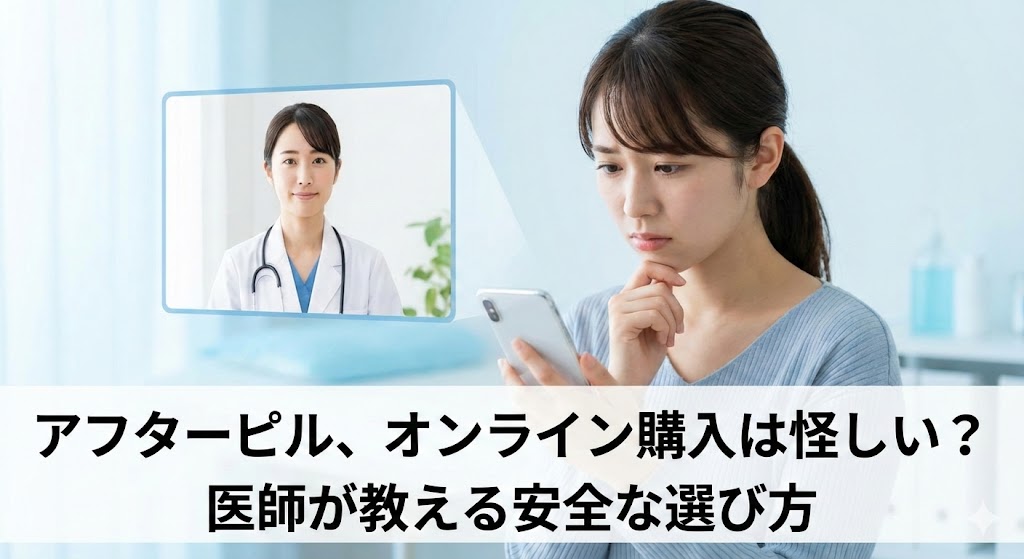 アフターピルのオンライン購入に不安を感じてスマートフォンを見る女性と、正しい選び方を解説する医師のアイキャッチ画像。タイトル「アフターピル、オンライン購入は怪しい？医師が教える安全な選び方」