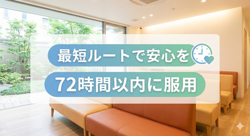 婦人科でアフターピルを適切なルートで入手し、72時間以内の服用を目指す重要性を伝えるアイキャッチ画像。待合室のイメージとともに、早めの行動を促している。