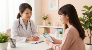 婦人科で医師にピルの相談をする女性と、優しく対応する女性医師のイメージ。内診なしで安心して受診できる雰囲気を表現。
