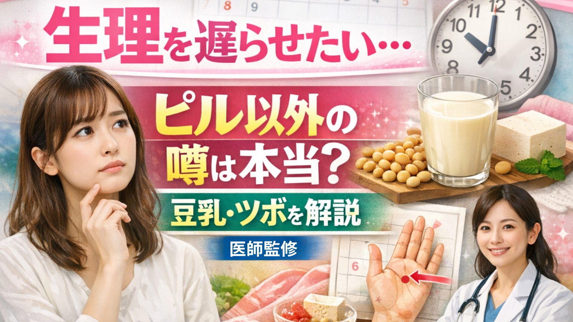 生理を遅らせたい女性が悩むイメージと、豆乳やツボなどピル以外の噂を医師監修で解説するアイキャッチ画像