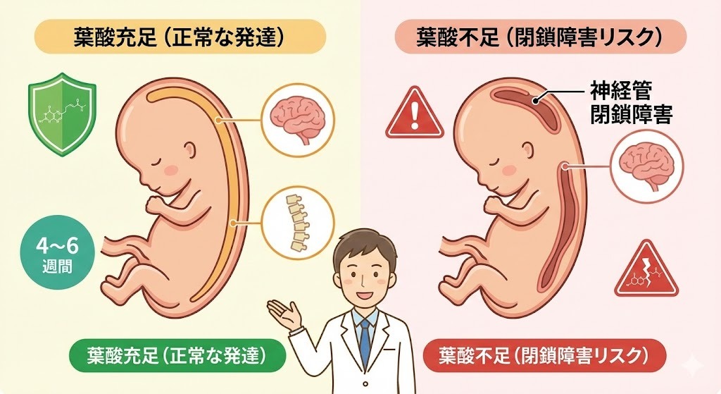 妊娠初期の胎児の神経管形成と葉酸の役割を図解したイラスト。葉酸が十分な場合は神経管が正常に閉じ、不足すると閉鎖障害のリスクが高まる様子を医師監修で解説。