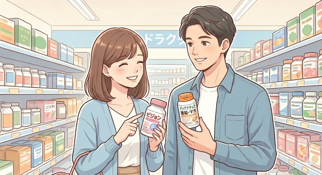 ドラッグストアのサプリメント売り場で、20代〜30代の夫婦が笑顔で妊活サプリを選んでいる様子。男性も積極的に関わっており、二人で始めるポジティブな妊活のイメージ。