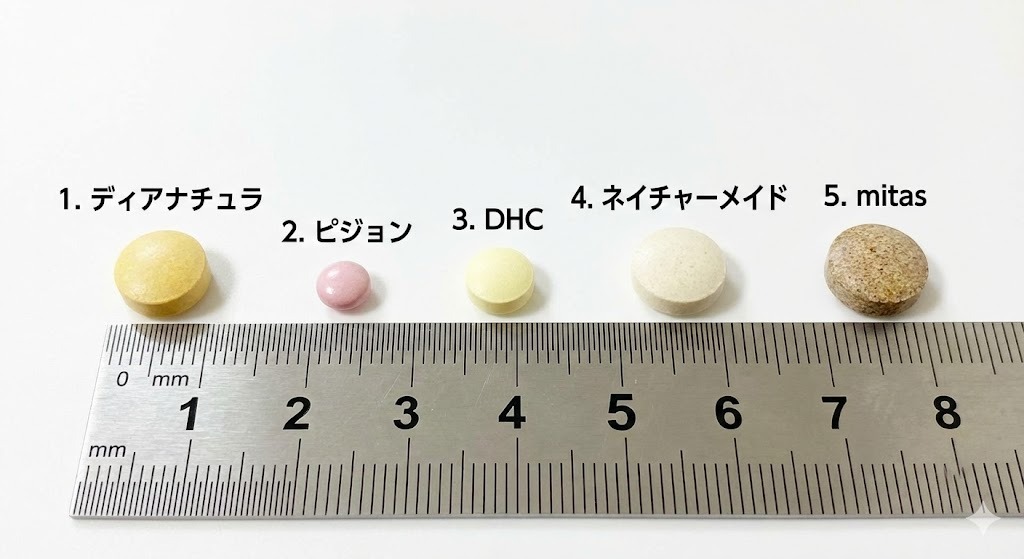 ドラッグストアで買えるおすすめ妊活サプリ5種（ディアナチュラ、ピジョン、DHC、ネイチャーメイド、mitas）の粒の大きさを比較した実物写真。定規を添えてサイズの違いを分かりやすく提示。