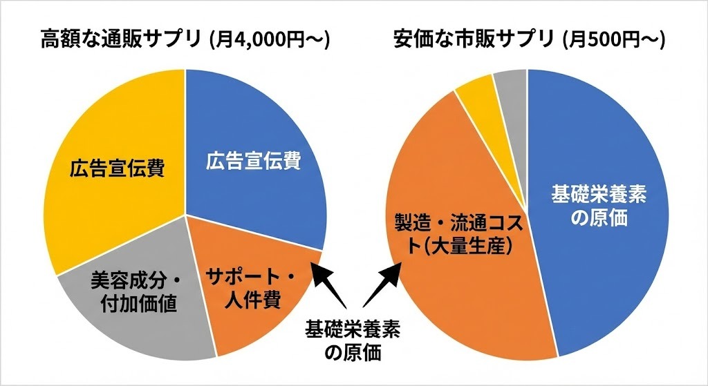 通販限定の高額妊活サプリとドラッグストアの市販サプリの価格構造を比較した円グラフ。通販は広告費や美容成分の割合が高く、市販品は基礎栄養素の原価率が高いことを図解。