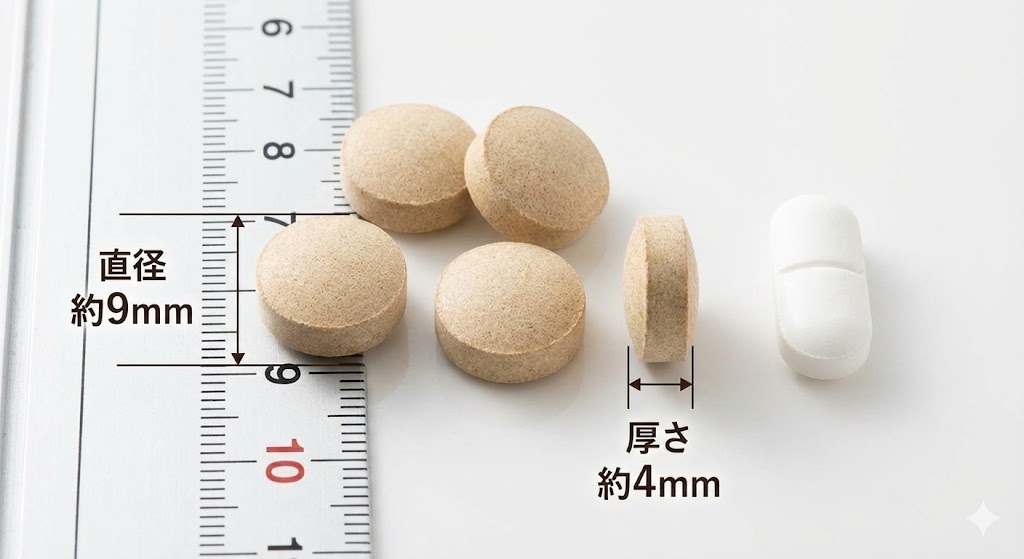 マカナのサプリメント粒の大きさを定規で計測している写真