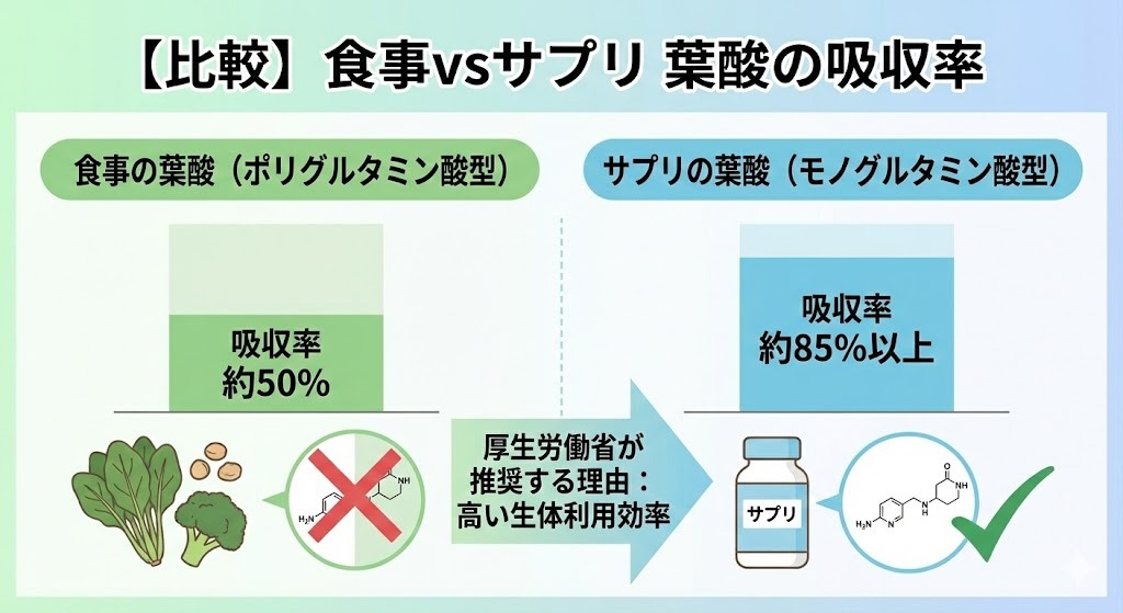 食事由来の葉酸（ポリグルタミン酸型）は吸収率約50%、サプリ由来の葉酸（モノグルタミン酸型）は吸収率約85%以上であることを比較した図解