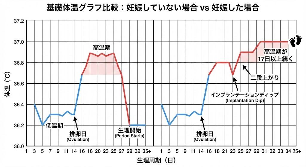 妊娠していない場合と妊娠した場合の基礎体温グラフ比較。妊娠時は高温期が17日以上続き、二段上がりやインプランテーションディップが見られる