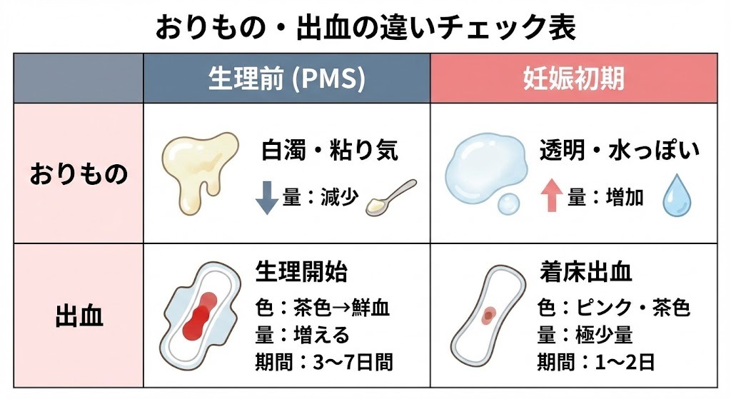 生理前（PMS）と妊娠初期のおりもの・出血の違いを比較したチェック表。生理前は白濁して量が減少し、生理は3〜7日続く。一方、妊娠初期は透明で量が増え、着床出血は1〜2日の少量出血